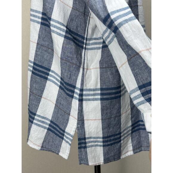 Liz Claiborne 3/4 Sleeve Tunic Blouse Top M Linen Cotton Blend Blue White Plaid - Picture 10 of 15